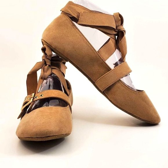 NEW Bamboo Women's Flats Chantel Tan Suede with Ankle Tie Foot Buckle - Picture 2 of 15